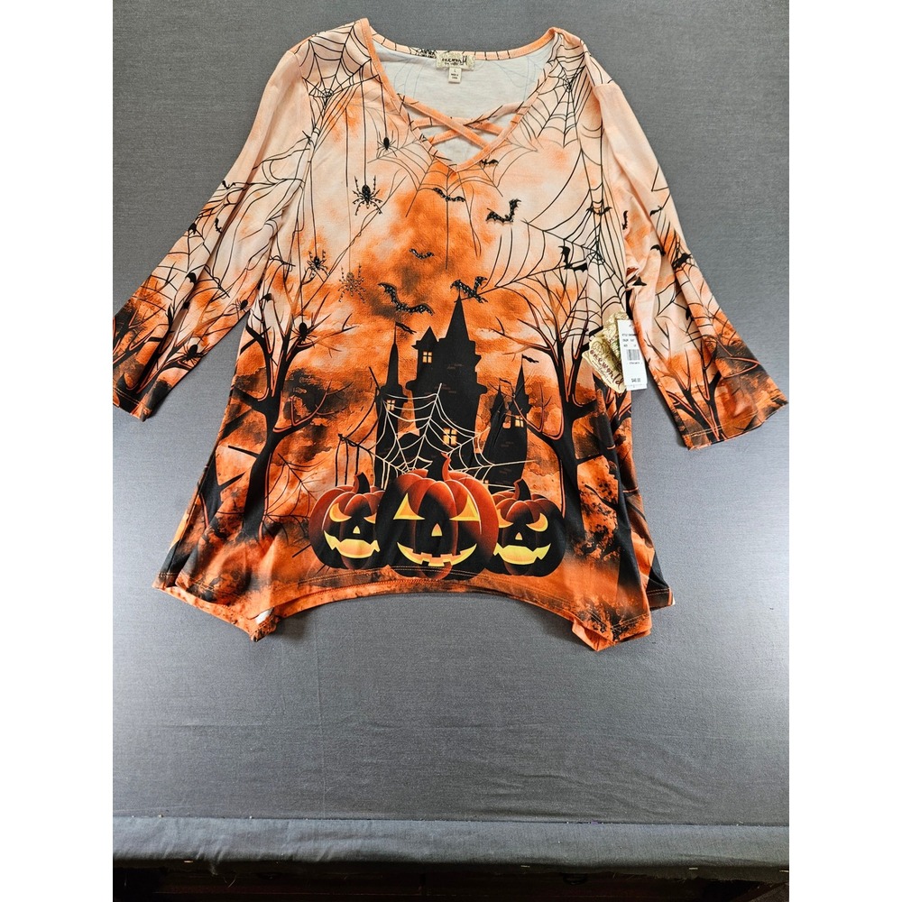 One World Halloween Tunic Top Rust Orange Pumpkin Haunted House L OW20609V